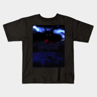 Digital collage and special processing. I am standing in field, and big, dark monster looking on me. Dark blue and red. Kids T-Shirt